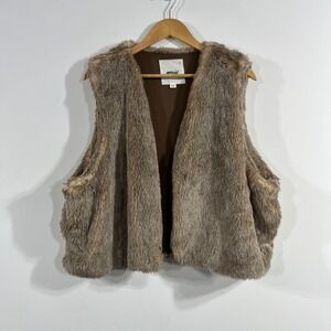 Aerie Brown Faux Fur Vest Open Front Women Large Boho Layering Statement Concert